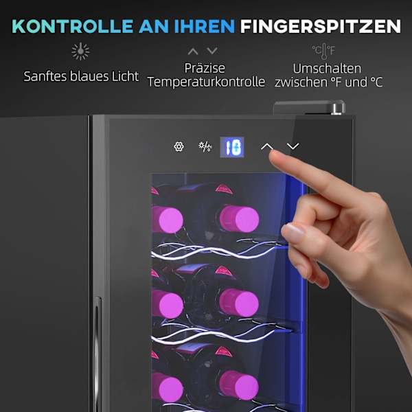 Rootz 12 flaskevin Køleskab - Drinks køleskab - Drikkefremskiftskøler - Energieffektiv - 26,5 cm W x 51,5 cm D x 65 H cm - Berøringsskærm og LED -lys