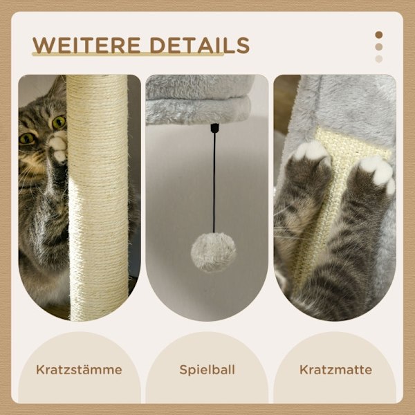 Rootz PawHut Kattekradsestolpe med hule - Kattetræ - Kattetårn i flere niveauer - Sisalreb - 48,5 cm x 48,5 cm x 141,5 cm