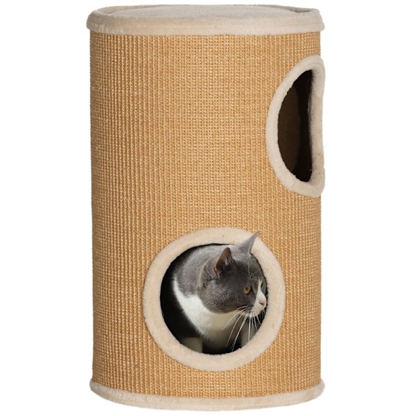 Rootz Cat Tower Barrel - Multi-Level Cat Activity Center - Ridsestolper - Plys polstrede hjørner - Sisal Udvendig - Brun & Beige - 35 cm x 60 cm