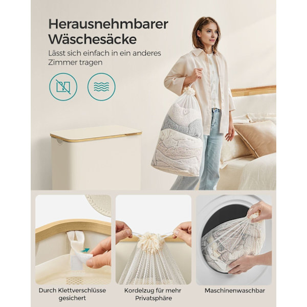 Rootz Portable Cream White Folding Tvättkorg - Korg - Hopfällbar förvaringsfack - 600D Oxford-tyg - Bambu - Glasfiberstänger - Lättvikts - Hållbar - U