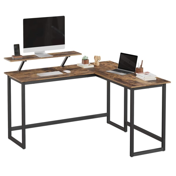 Rootz L-format skrivbord med skärmstativ för att studera, spela, arbeta - Justerbara ben - Metallram - Rustik brun - (140 x 130 x 76/91,5 cm)