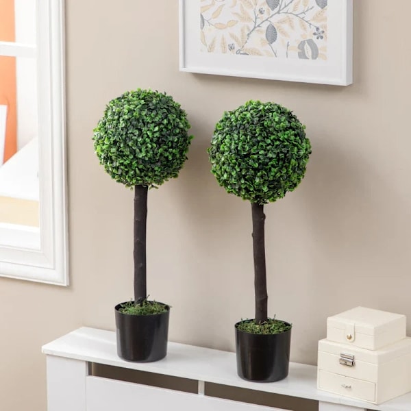 Rootz sæt med 2 kunstig buksbom - 2 buksbom - kunstige planter - udendørs - grøn + brun + sort - 20 cm x 20 cm x 60 cm