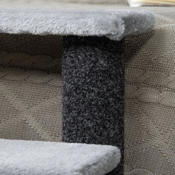 Rootz Pet Trappa - Katttrappa med skrapstolpe - 4-stegs hundtrappa - Djurtrappa - Spånskiva - Plysch - Grå - 60 x 40 x 64 cm