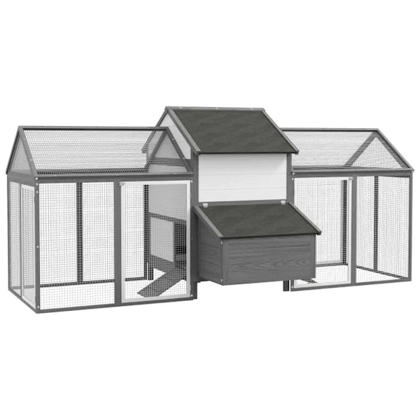Rootz Chicken Coop - Smådjurshus - 2 utomhusinhägnader - 1 häckningslåda - 2 ramper - Asfalttak - Väderbeständig - Grå - 247 cm x 125 cm x 113,5 cm