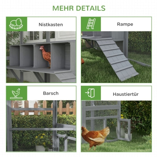 Rootz PawHut Chicken Coop - Chicken House - Walk-In Kotelo - Säänkestävä - Tilava muotoilu - Kestävät materiaalit - Kätevät pesimälaatikot - 280 cm x