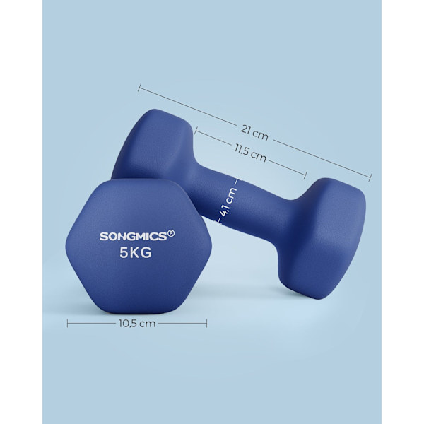 Rootz Neopren coated håndvægte - Blå - Støbejern - Vægtløftning - Styrketræning - 21cm x 10cm - 11,5cm x 4,1cm - 2 x 5kg
