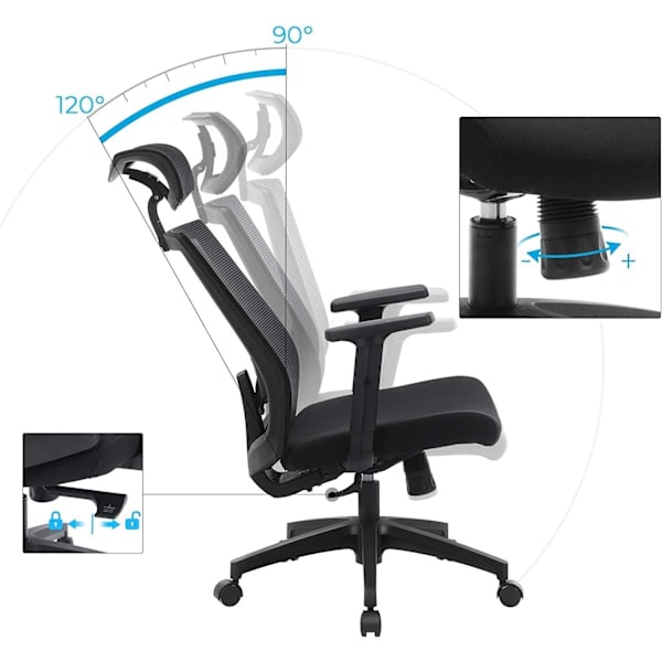 Rootz Kontorstol - Kontorstol - Ergonomisk - 360° drejestol - Lændestøtte - Nakkestøtte - Justerbar - Tiltbar - Sort
