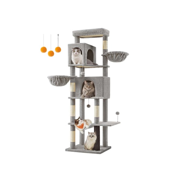 Rootz Scratch Tree - Cat Climbing Tower - Feline Activity Center - 190,7 cm Hög - 2 grottor - 59 cm x 48 cm x 190,7 cm - Grå