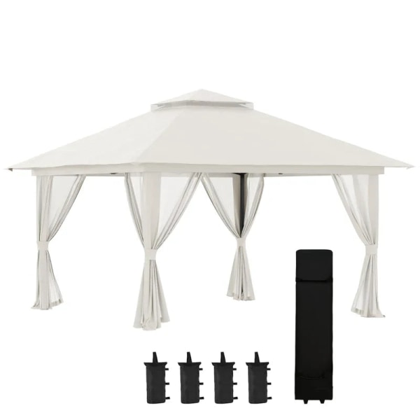 Rootz Folding Gazebo - Höjdjusterbar - 4 Meshväggar - Ventilationstak - Bärväska - Snabbmontering - Krämvit - 4 x 4 x 3 m
