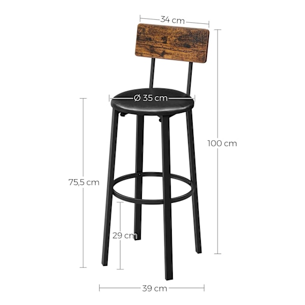 Rootz Barstolar - Set med 2 barstolar - Matsalspall - Kök - Vintage Brun Svart - 39 x 39 x 100 cm