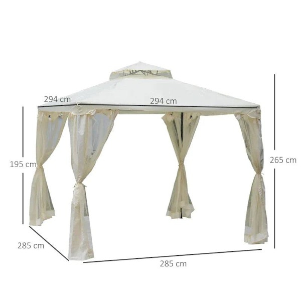 Rootz Gazebo - Trädgårdspaviljong - Paviljongtält - Festtält - Med 4 X sidovägg - Väderbeständig - Metall/Polyester - Krämvit - 2,94 x 2,94 x 2,65 m