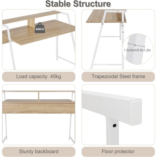 Rootz multifunktionsskrivbord - Hemmakontor - Datorbord - Utrymmeseffektivt, Ergonomiskt, hållbart - Ljus Ek + Vit - 115cm x 90cm x 56cm