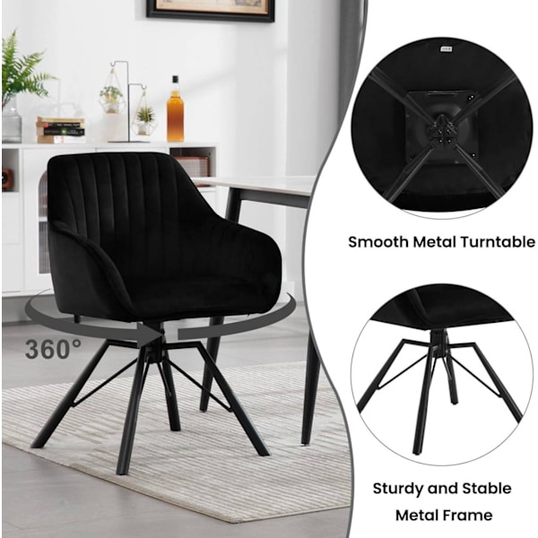 Rootz Roterende Spisestuestole Sæt med 2 - Fløjlslænestole - Drejestole - 360-graders rotation, Komfortable og robuste - 58 cm x 83,5 cm x 53,5 cm