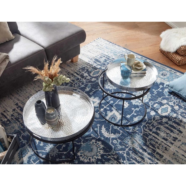 Rootz soffbord set om 2 silver - svart metall hammarfinish häckningsbord runt - Soffbord avtagbar bricka - Bricka bordssoffa 2 delar modern - Runt sid