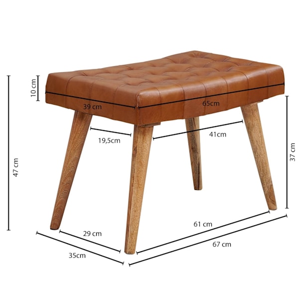 Rootz pall 67x47x39 cm mango massivt trä - äkta läder Chesterfield design - Läder pall brun - Sido pall pall utan ryggstöd Country fotpall
