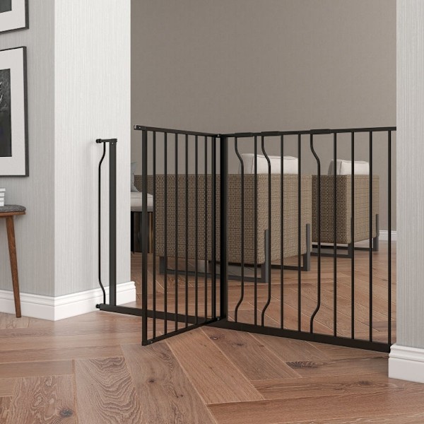 Rootz Pet Safety Door Guard - Pet Gate - Hundeport - Dobbelt låsemekanisme - 145 cm x 76 cm - Stål og ABS - Justerbar bredde - Sort