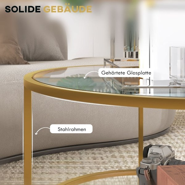 Rootz sidobord - Modernt sängbord - Nattduksbord - Härdat glas - Pulverlackerat stål - 60 cm x 43 cm - 2-vånings hylla - Guld