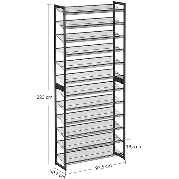 Rootz-kenkäteline - 12 tasoa - 48-60 paria kenkiä - metalli - Säädettävät hyllyt - Musta - 92,5 x 30,7 x 223 cm