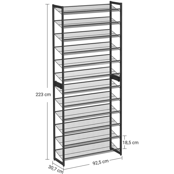 Rootz skostativ - 12 niveauer - 48-60 par sko - Metal - Justerbare hylder - Sort - 92,5 x 30,7 x 223 cm