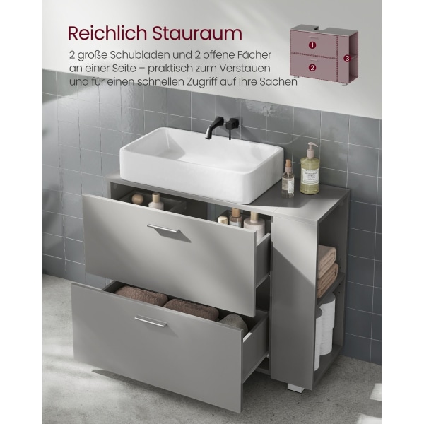 Rootz Dove Grey MDF vask underskab - Vaskeskab til badeværelset - Opbevaringsenhed - Rummeligt interiør - Nem montering - 30 cm x 80 cm x 64 cm