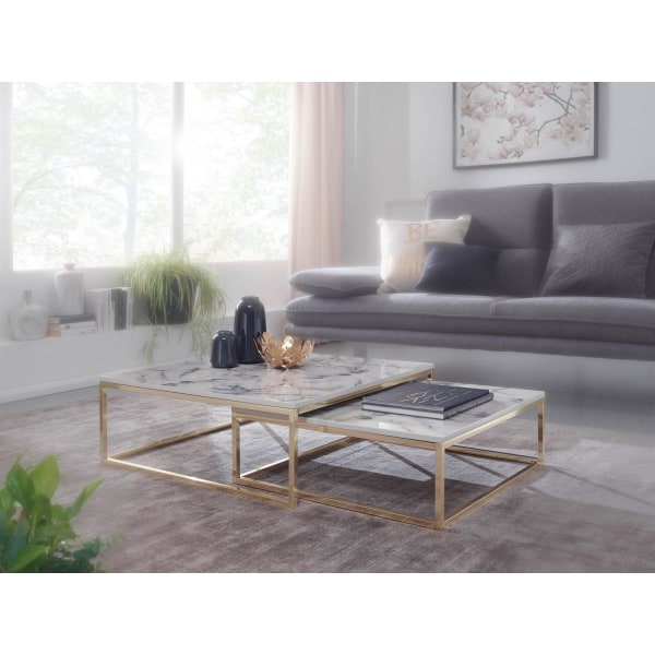 Rootz design soffbordsset med 2 vit marmoroptik kantig - Soffbord 2-delad bordsram metall guld - Ädla vardagsrumsbord - Moderna häckbord