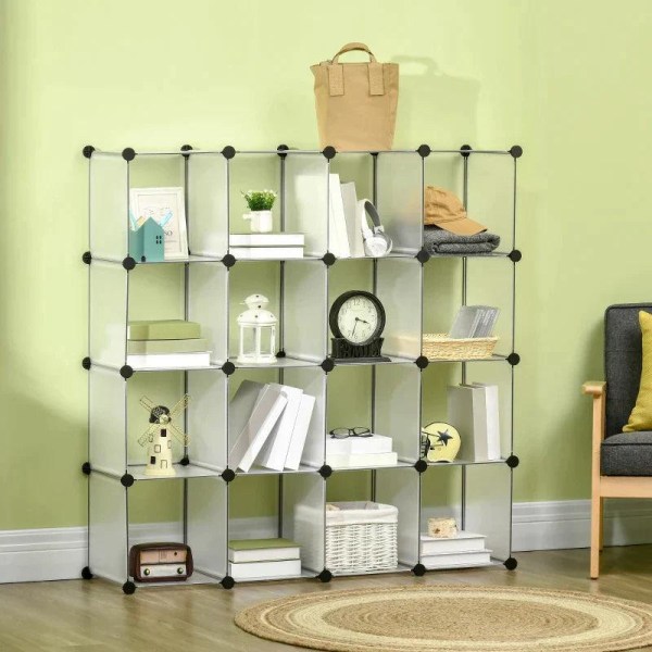 Rootz modulhylde med 16 separate kasser - Egetræshammer - Sorte ABS-stik - Hvid plade - Sort + Hvid - 125L x 32W x 125H cm