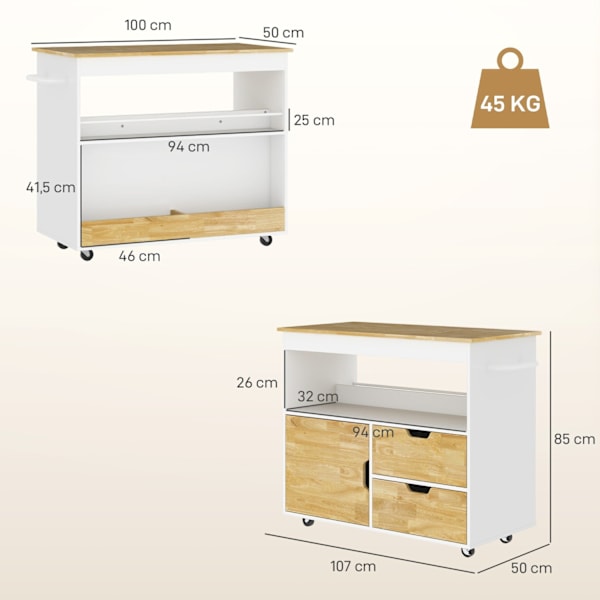 Rootz -rullattava keittiövaunu - Mobile Kitchen Island - Keittiön kärry - runsaasti säilytystilaa ja helppoa liikkuvuutta - 107cm x 50 cm x 85cm