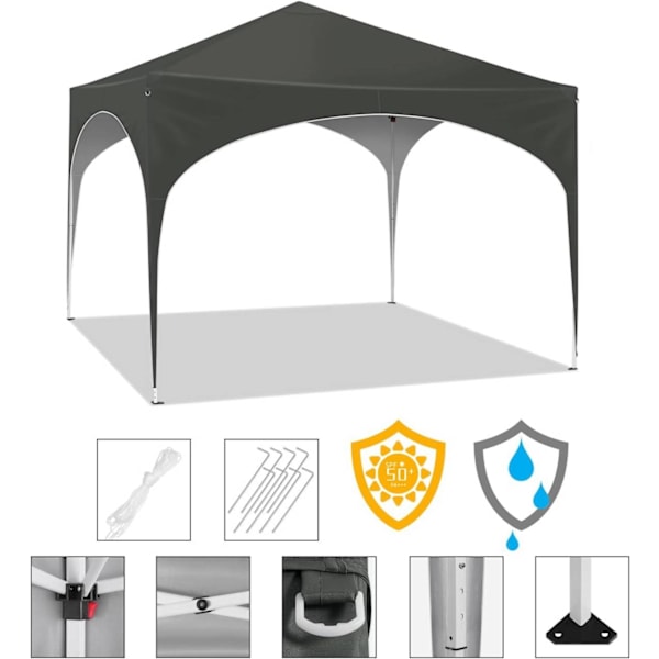 Rootz Gazebo - Pop-Up Canopy - Utomhusskydd - Vattentät, UV-skydd, Enkel installation - Oxford metallram - 3x3m - Grå
