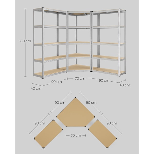 Rootz Hjørnehyldesæt - Sølv-Naturlig Beige - Galvaniseret stål - MDF Materiale - 180 x 180 x 180 cm - 175 kg pr. hylde - 2625kg Kapacitet