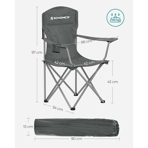 Rootz 2 Pack Slate Grey Camping tuolit - Teräsrunko - Oxford Cloth - Kannettavat taitettavat tuolit - Kevyt - Kompakti - Mukava - 54 cm x 86 cm x 97 c