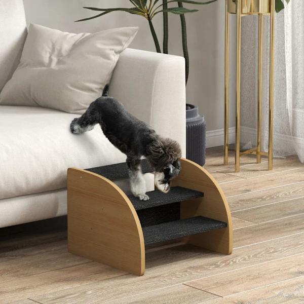Rootz Pet Stairs - Hunde Trapper - 3 Trin - Lille Hund - Spånplade - Tæppestof - Eg + Sort - 38,5 cm x 38,5 cm x 30 cm