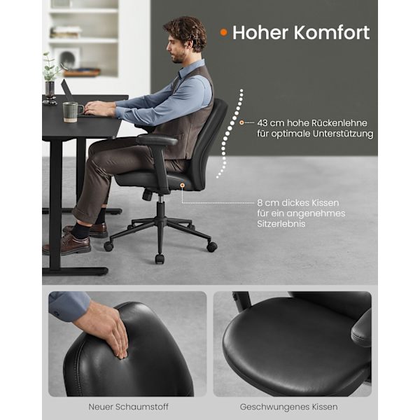Rootz Office & säädettävät käsinojat pöytätuoli - mustemusta - teräs - PU-nahka - korkeussäädettävä - 66 cm x 66 cm x (86,5-94,5 cm)