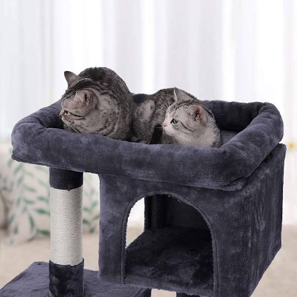 Rootz skrapstolpe - med stor plattform - 2 kattgrottor med lekstuga - kattträd - spånskiva - plysch - rökgrå - 60 x 40 x 84 cm (B x D x H)