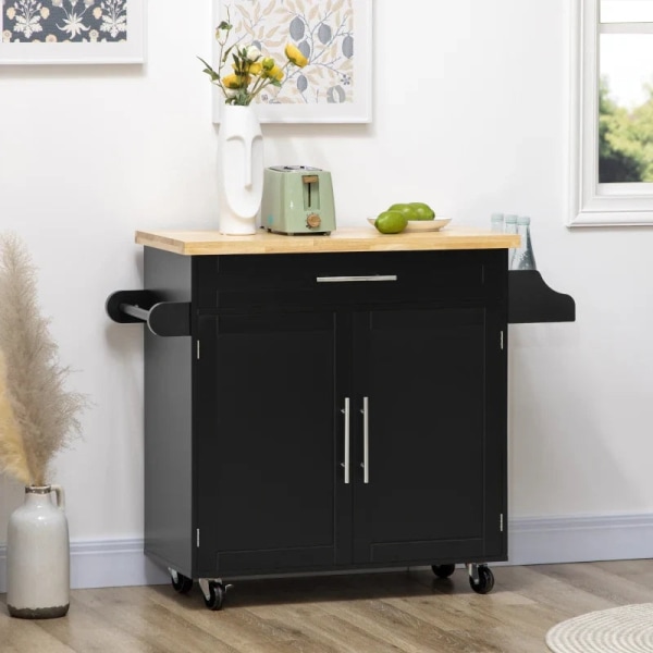 Rootz keittiövaunu - Keittiösaari - Tarjoiluvaunu - 1 mausteteline - 1 pyyhepidike - Kumipuu - Musta - 109L x 40W x 89K cm