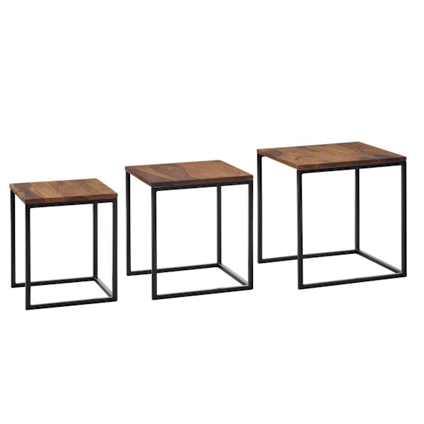 Rootz redeborde sæt med 3 Sheesham massivt træ - metal sidebord firkantet moderne - Design sofabord 3 dele - Stueborde sparer plads - Træbord redebord