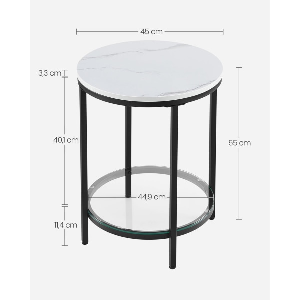 Rootz Marble Look Sidebord - Endebord - Accentbord - Stålramme - Spånplade - Hærdet glas - 45 cm x 55 cm - Letvægts - Robust - Nem montering