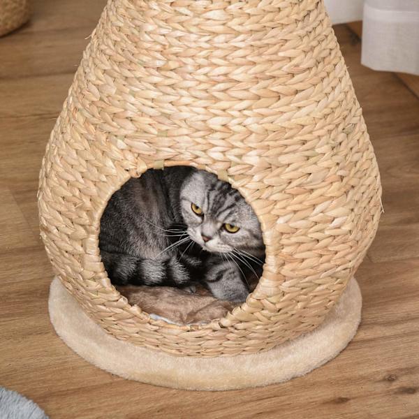 Nancy's Agen Point Cat Tree Krabpaal met Kattengrot - Geel - Gefabriceerd Hout, Pluche, Sisal - 15,74 cm x 15,74 cm x 32,48 cm