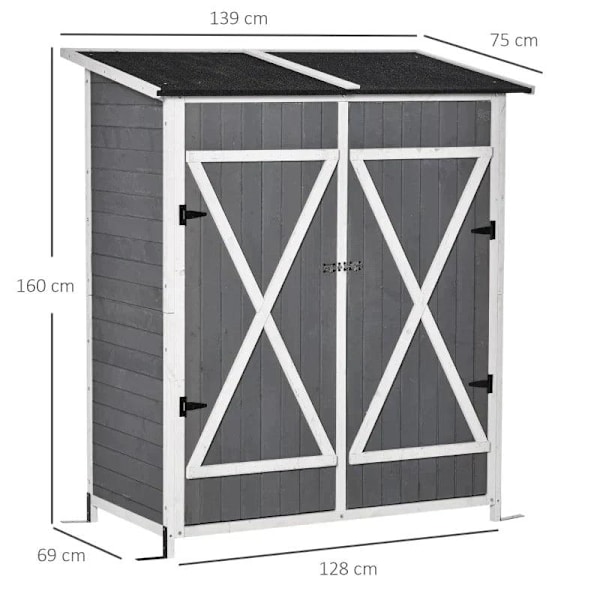 Rootz Verktygsbod - Trädgårdsskåp - 2 dörrar - Verktygsskåp - Trädgårdsförvaring - Trä - Grå/Vit - 139 x 75 x 160 cm