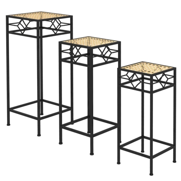 Rootz-kukkatelineet - 3 kpl sarja - Pyöreä pinottava - Rottinkiefekti - Metalliset jalat - Sisäkäyttöön ulkona - Metalli - Musta - Kulta - 28L x 28W x