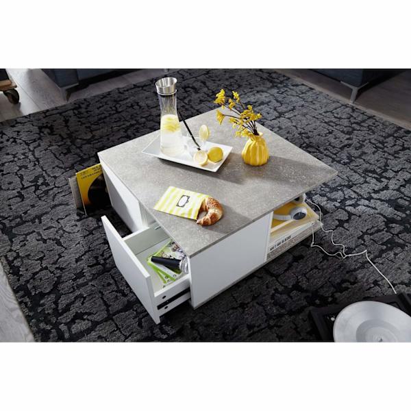 Rootz Soffbord - Soffbord - Fyrkantigt - 2 lådor - Förvaringsfack - På hjul - Vit - Cementgrå - Bearbetat trä - 70 x 70 cm