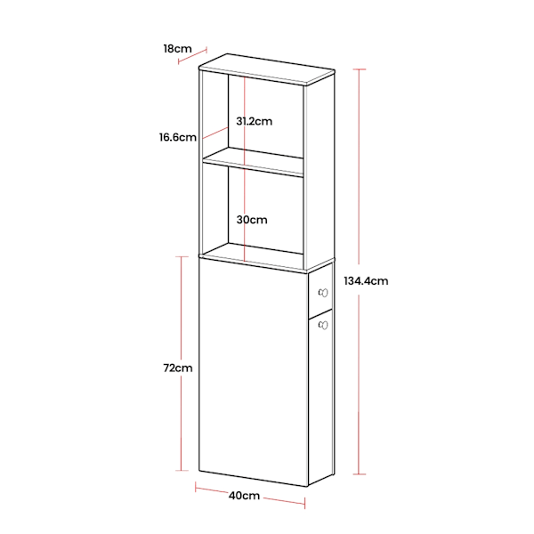 Rootz Badeværelsets kabinet - Tall Cabinet - smal badeværelsesopbevaring - Rumbesparende - 40 cm x 18 cm x 134,4 cm - Klassisk hvid spånplade