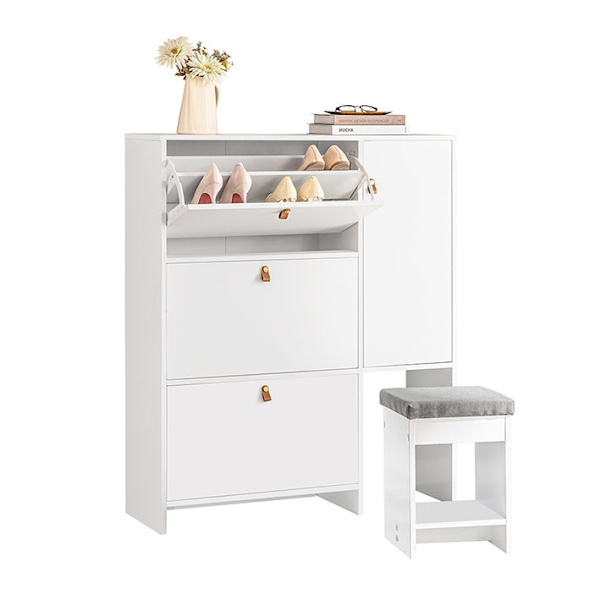 Rootz Skoskåp med pall - Skokipper - Skobyrå - Utrymmesbesparande design - Bekväma sittplatser - Mångsidig förvaring - Vit MDF - 95cm x 121cm x 30cm