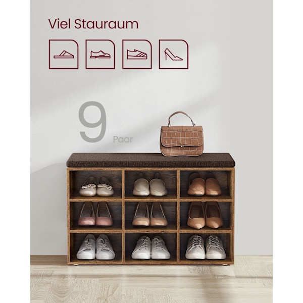 Rootz vintage brun skobænk med opbevaring - osmannisk - entrébænk - spånpladekonstruktion - skumpolstring - imiteret linnedbetræk - 30,3 cm x 78,5 cm
