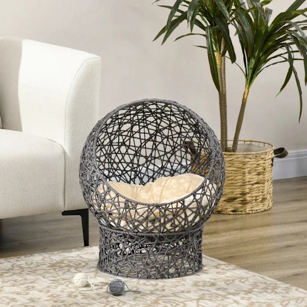 Rootz Cat Basket - Cat Cave Inklusive kudde - 2-delad - Kattsäng - Polyesterrep - Krämvit + Brun - 50 cm x 50 cm x 60 cm