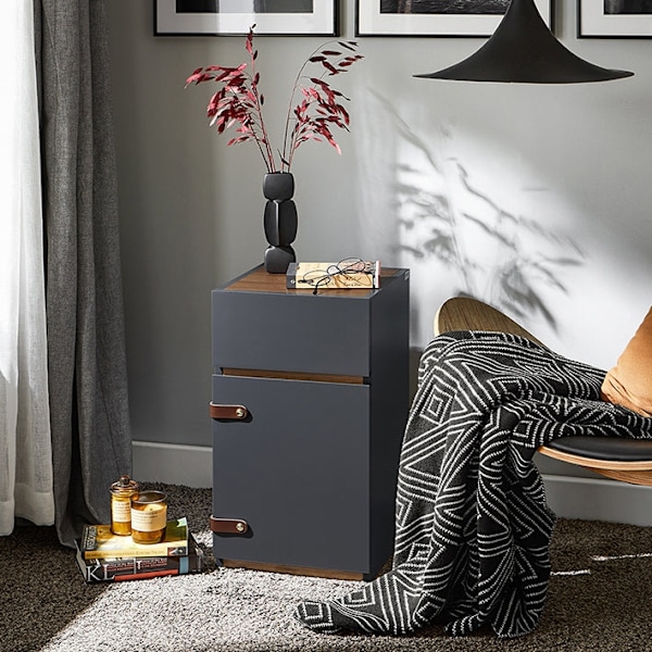 Rootz Elegant Bedside -pöytä - sivupöytä - Yöpöytä - runsaasti säilytystilaa - 30x56x30cm - harmaa ja ruskea nahka