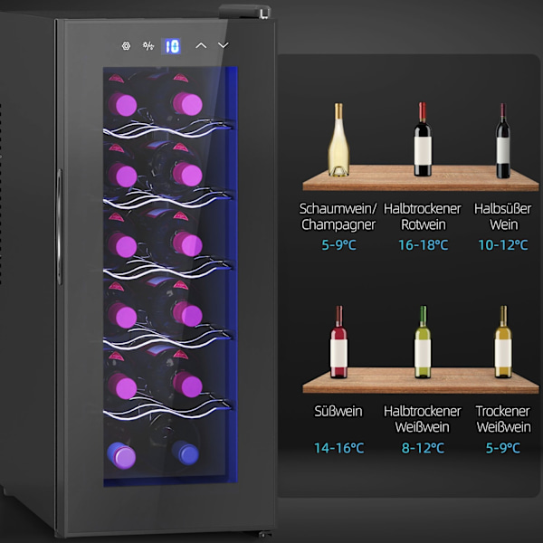 Rootz 12 Bottle Viini -jääkaappi - Juomakerta - Juomajäähdytin - Energiatehokas - 26,5 cm W x 51,5 cm D x 65 H cm - kosketusnäyttö ja LED -valo