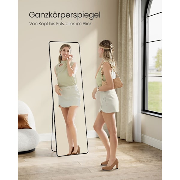 Rootz Helkroppsspegel - Golvlängdsspegel - Stående spegel - Härdat glas - Aluminiumlegering - Stor 160 cm x 50 cm - Bläcksvart - Lätt 6,8 kg