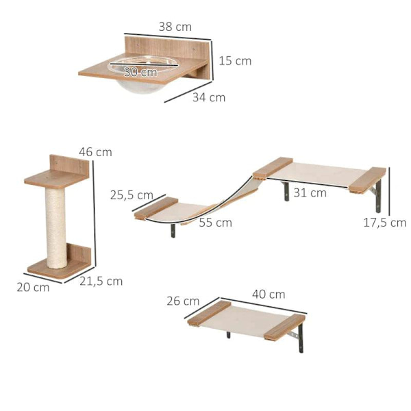 Rootz klatrevæg til katte - Katteklatrevæg med kradsestolpe - Kattetrappe - Kattemøbler Hængekøje - Sisal Akryl Fyr - Lysebrun - 100L x 25,5W x 17,5H