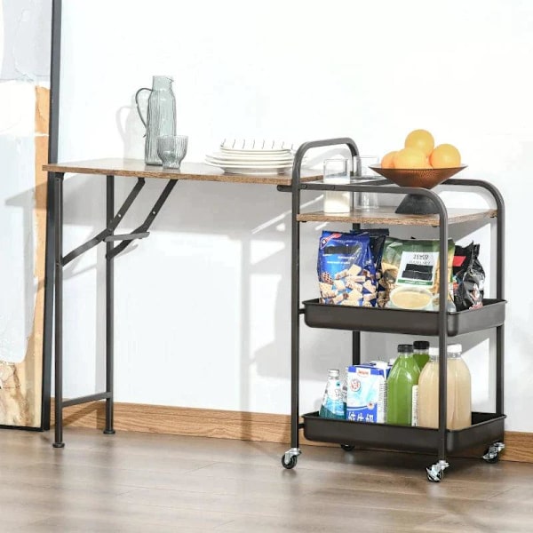 Rootz Köksvagn - Tevagn - Serveringsvagn - Hopfällbart bord - Brun/Svart - 118 cm x 36,5 cm x 82 cm