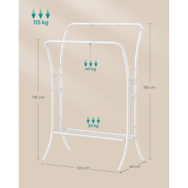 Rootz Tøjstativ - Tøjstativ - Stålgarderobe - Kraftig - Skyhvid - 46 cm x 100 cm x 155 cm - 5,4 kg - 115 kg Kapacitet